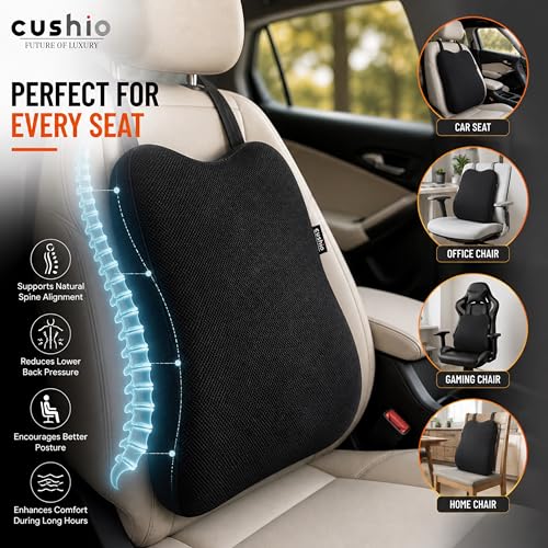 Image of CUSHIO Memory Foam Car Seat Cushion for Back Support, Ergonomic Lumbar Support for Car Seat & Office Chair, Car Back Support Cushion, Chair Cushion for Pain Relief & Posture (Black)