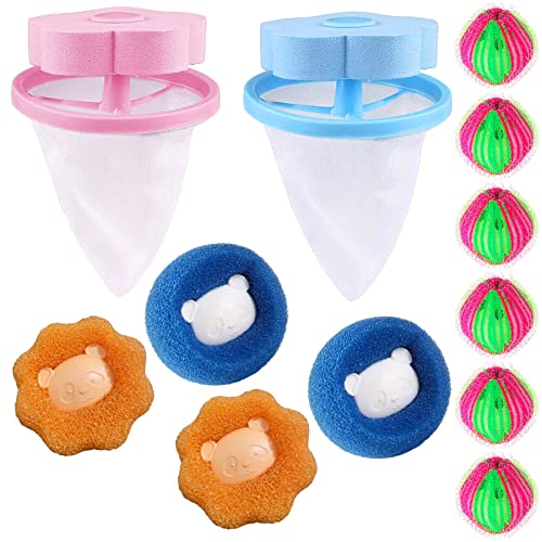 POUMANNI Lint Catcher (2 Pcs) and Pet Hair Remover (10 Pcs) for Laundry, Lint Remover Washing Balls and Pet Hair Dryer Reusable Balls for Laundry, Washing Machine Floating Lint Mesh Bag