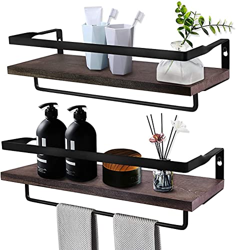 Étagères Murales en Bois, Lot de 2 Étagères Flottantes Fixées en Bois Massif avec Porte-Serviettes et Rails, Étagère Murale à Rebord pour Chambre, Salon, Salle de Bain et Cuisine - Marron