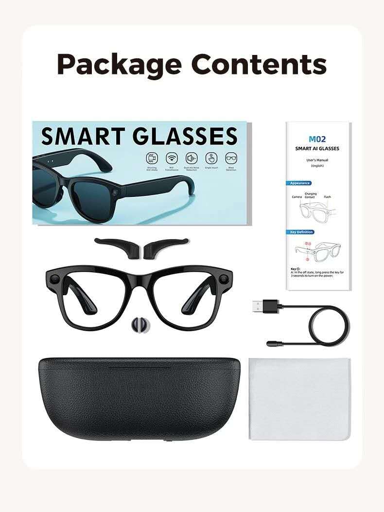 AI Lunettes Connectées Caméra 8MP, Boîtier De Charge 3600mAh, Bluetooth Connectées, Intelligence Artificiel, Lunettes Anti-lumière Bleue, Enregistrement Vidéo 1080p(Verre Photochromique+Boitier noir)