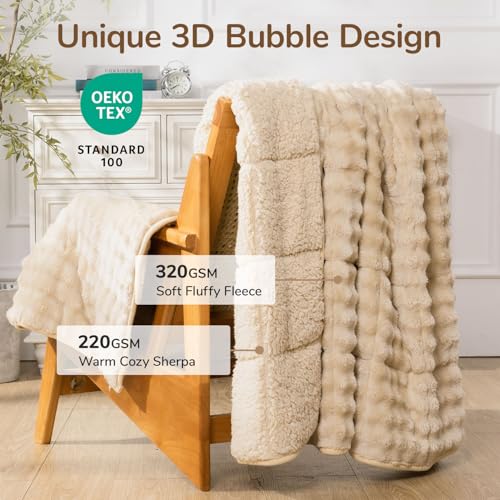 Image of Cottonblue Weighted Blanket 15lbs Bubble Fleece Plush Sherpa Heavy Weighted Blankets for Adults, Fits Queen Size Bed, Cute Fuzzy Warm Heavy Blanket for Calm and Better Sleep, 60 inchx80 inch, Beige