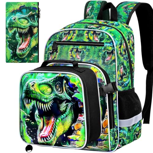 Image of 16 inch Dinosaur Backpack for Boys, 3Pcs Kids Bookbag with Lunch Box, School Backpacks for Elementary Preschool Kindergarten (Green)