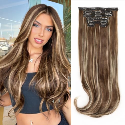 ALXNAN Clip in Hair Extension, 7PCS Brown Mixed Light Blonde Hair Extension Thick Long Stright Layered Hair Extensions 20 Inch Invisible Lace Weft Hair Extensions for Women