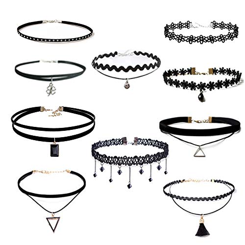 10PCS Black Velvet Choker Necklaces, Choker Set, Black Choker Necklaces Set for Teen Girls and Women Black Classic Velvet Stretch Gothic Tattoo Punk Lace Choker Necklaces Set