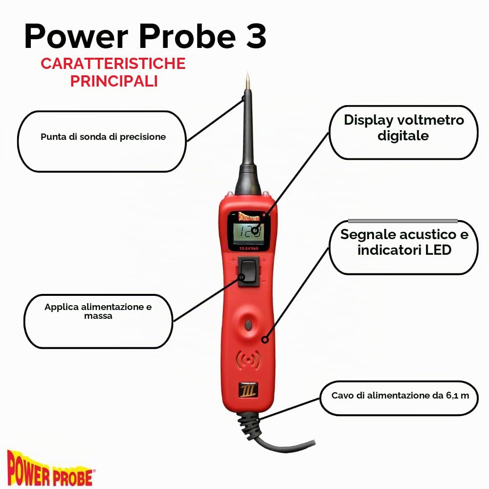 Powerprobe 3 Tester per circuiti automobilistici 12-24V Strumento diagnostico del Sistema Elettrico - PP3CSRED