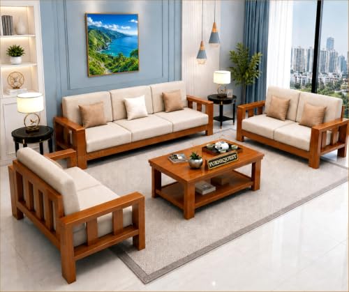 Image of Wooden Sofa Set with Center Table for Living Room | Wooden Sofa Set for Living Room 7 Seater | 7 Seater Sofa Set | Solid Sheesham Wood Sofa Set 7 Seater (3+2+2, Natural Teak Finish)
