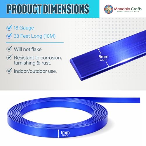 Image of Mandala Crafts 5mm Flat Anodized Aluminum Crafting Wire for Jewelry Making - 33 FT Colored Flexible Blue Bezel Wire - Bendable for Bonsai Armature Sculpting