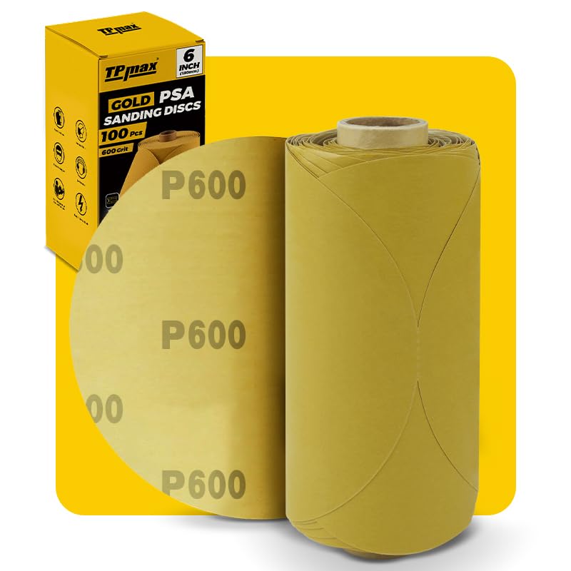 100PCS 6 Inch PSA Sanding Discs 600 Grit Self-Adhesive Sandpaper Roll for DA Sanders, Orbital Sanders Gold Aluminum Oxide Sticky Back Abrasive Discs for Automotive, Woodworking, and Metal Polishing