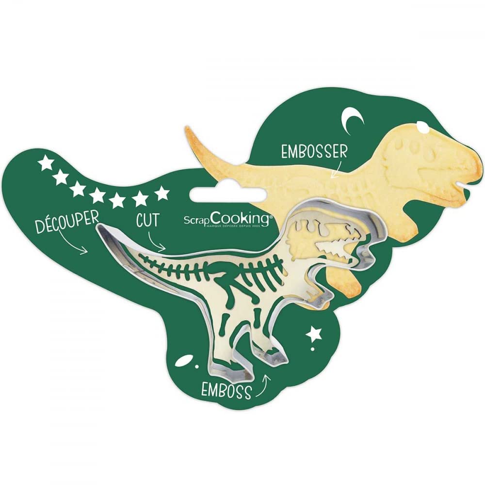ScrapCooking - Kit Découpoir + Embosseur Bois Dino - Emporte-​Pièce Dinosaure en Inox pour Biscuits en Relief - Moule Accessoire Pâtisserie Sablés - Animaux, Jungle - 2098