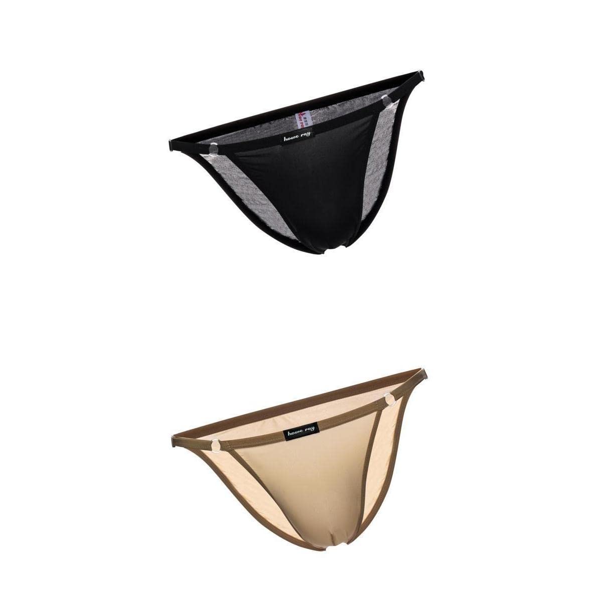 Men's Ice Silk Low Waist Bikini Briefs Underwear | String Design Quick Dry | Breathable Nylon Spandex Fabric | Comfortable Scrotal Support Black Beige 2 Piece Pack