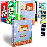 Super Mario 3-Ring Binder and Folders Set - Mario School Supplies Bundle includes 1 Inch Mario Binder and 2 Mario Folders with Pockets Plus Stickers, Bookmark, More | Mario School Supplies