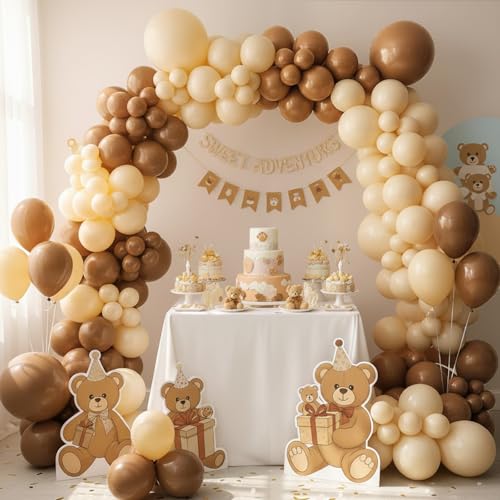 Image of RUBFAC Brown Balloons 129pcs Different Sizes Pack of 18 12 10 5 Inch, Latex Boho Neutral Coffee Tan Balloon Garland Arch Kit for Safari Baby Shower Decorations Jungle Fall Bear Themed Birthday Party