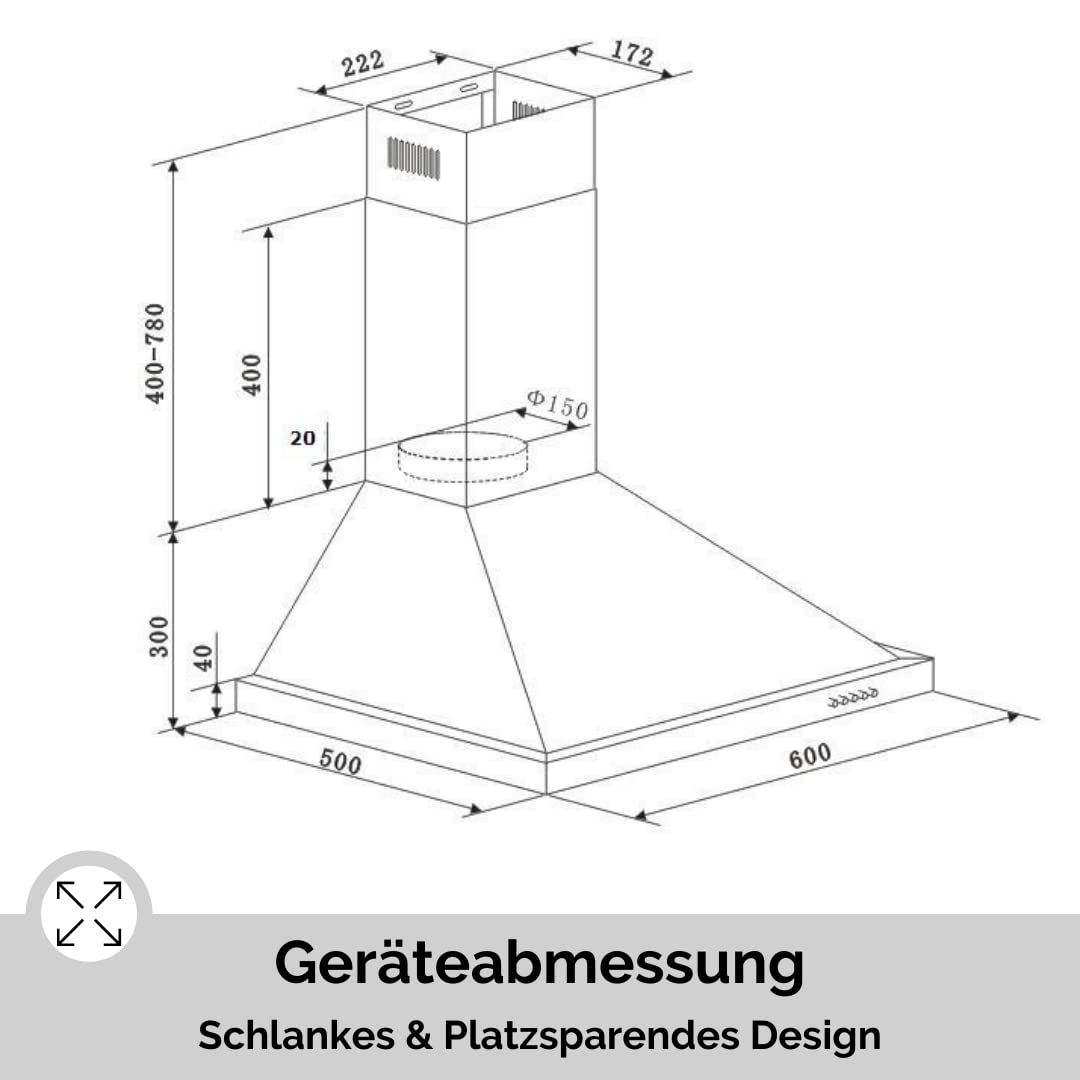 PKM 6090-2H Wandhaube, 60 cm breit, Umluftbetrieb, Abluftbetrieb, Fettfilter spülmaschinenfest, LED, 348 m³/h, edelstahl