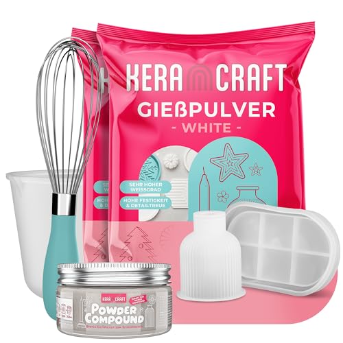 KERACRAFT Gießpulver Starterset - 1kg Gießpulver weiß Silikonbecher Schneebesen Powder Compound beige 50g Silikonform Vase No. 1 Tablett