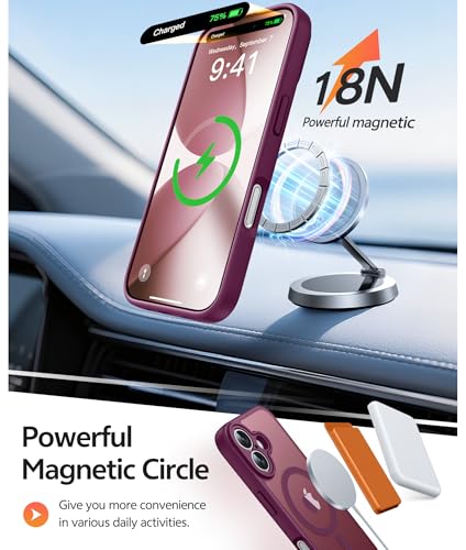 Image of FNTCASE for iPhone 17 Case: [Compatible with Magsafe] Translucent Matte Cases with [Full Camera Protection] [Screen Protector] Military Grade Shockproof Protective Phone Cover - Wine Red