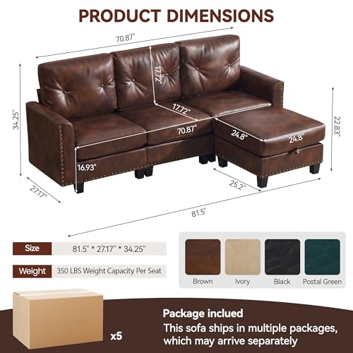 Image of 71 inch Faux Leather Modular Sectional 3 Seater Couch with Storage Ottoman, Vintage PU Leather L Shaped Sofa with Nailhead Trim, Mid Century Modern Tufted Couches for Living Room, Bedroom, Office, Brown