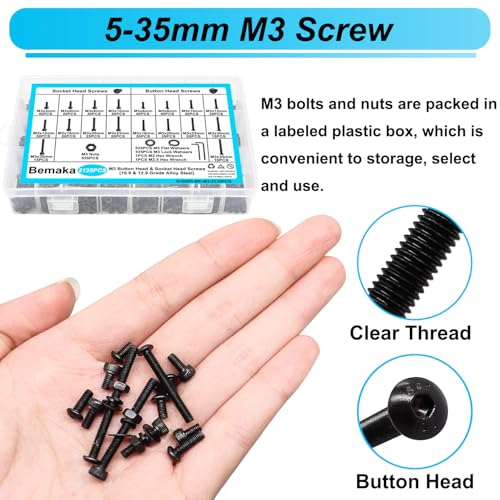 Bemaka 2135PCS Black M3 Metric Screw Assortment Kit, 5-35mm Button Head Screws and Socket Head Screws Bolts Nuts Washers Kit, 10.9 & 12.9 Grade Alloy Steel, M3 Bolts for 3D Printing - Image 5
