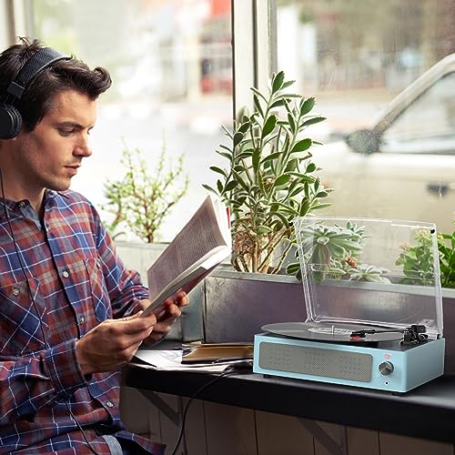 Image of Vinyl Record Player with Speakers New Sleek Sky Blue Turntable Wireless Receiver Bluetooth Playback 3 Speed 3 Size AUX-in RCA Line Auto Stop All-in-one LP Phonograph for Beginner Classic Blue