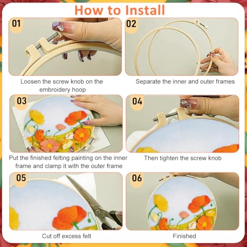 Image of PATPAT Cotton DIY Needle Felt Art Craft Kit Flower Poking Stitch Art Kit with Embroidery Punch Needles, 8.35 inches Dia Embroidery Hoop, DIY Art Gift for Kids Adults, Black