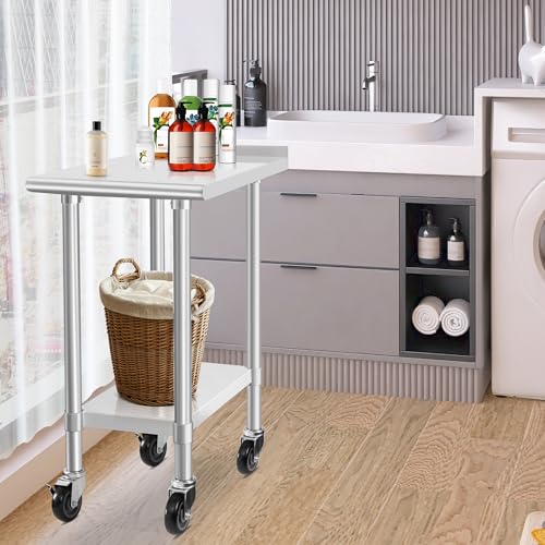 Image of HARDURA Stainless Steel Commercial Work Table with Wheels Prep & Work Metal Table 30x18 Inches Heavy Duty NSF with Casters and 2 inch Backsplash