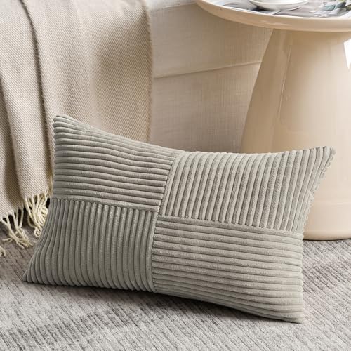 Image of Fancy Homi 2 Packs Neutral Grey Lumbar Decorative Throw Pillow Covers 14x22 Inch for Living Room Couch Bed Sofa, Farmhouse Home Decor, Soft Striped Corduroy Rectangle Accent Cushion Case 35x55 cm