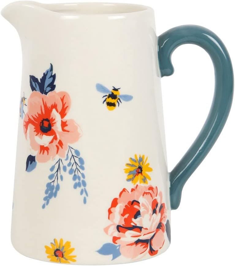 Flower Vase, Pitcher Vase, Bee-utiful Floral Ceramic Flower Jug, Vase for Flower, Garden Ornaments, for Real, Artificial Flower, Room décor, Christmas, Valentine, Wedding Gift