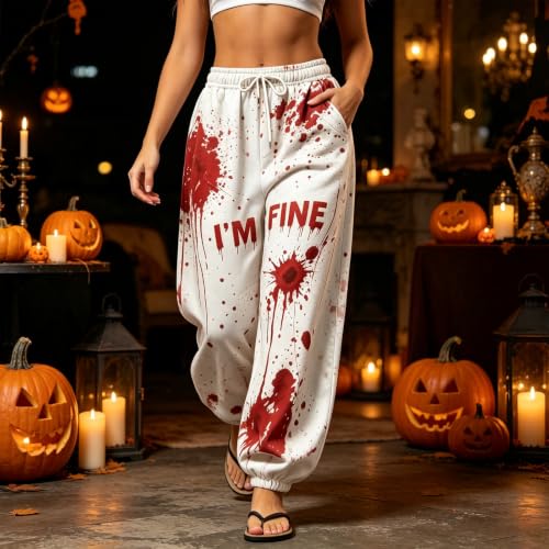 Womens Halloween Sweatpants High Waist Bloody Splatter Graphic Jogger Pants - image 3