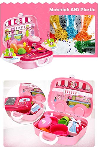 Image of LONGMIRE Kids Kitchen Play Set in Carry Case | Pretend Cooking Toy with Pots | Fruits | Utensils & Stove | Portable Suitcase KitchenToy for Girls & Boys 3+ Years