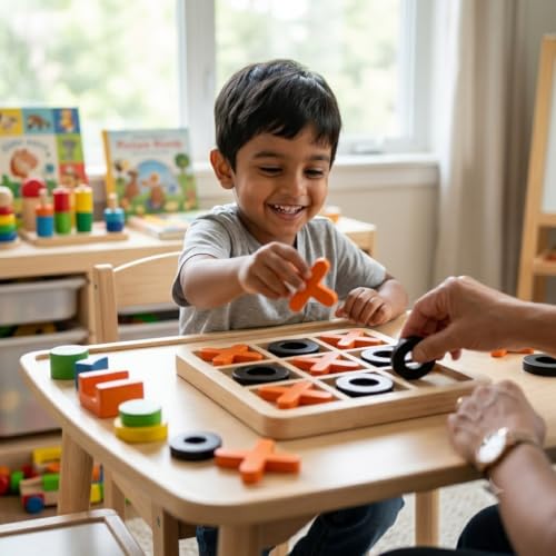 Image of Wooden Tic Tac Toe Board Game, Classic XOXO Strategy Game for Kids & Adults | Noughts and Crosses Puzzle | Classic Grid Challenge | Reusable Mind Game | Family Tabletop Entertainment, Educational Game