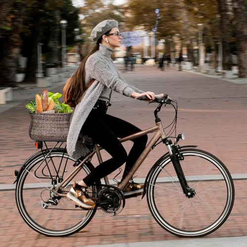 KONG MING CAR Fahrradkorb – Handgefertigter Rattan Fahrradkorb Hinten, großer & Abnehmbarer Gepäckträger Korb mit wasserdichter Abdeckung, Retro-Design für Damen, E-Bikes & Adult Bikes