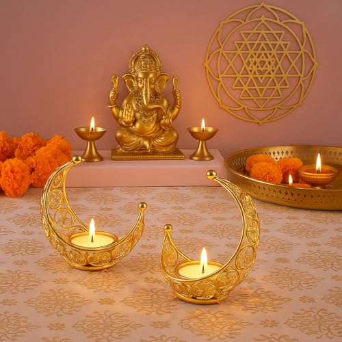 CentraLit Tea Light Crystal Candle Holder Moon Shaped, Metal Lant...