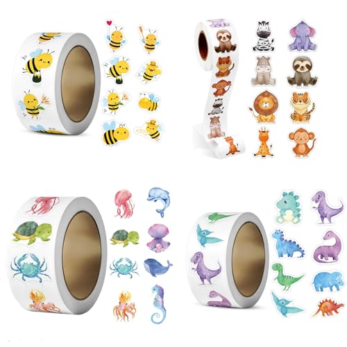 2000 Piezas Pegatinas Recompensa para Niños Rollos Pegatinas Infantiles Animales Redondas Adhesivas Stickers para Scrapbooking Regalos Escuela DIY(4 Rollos)