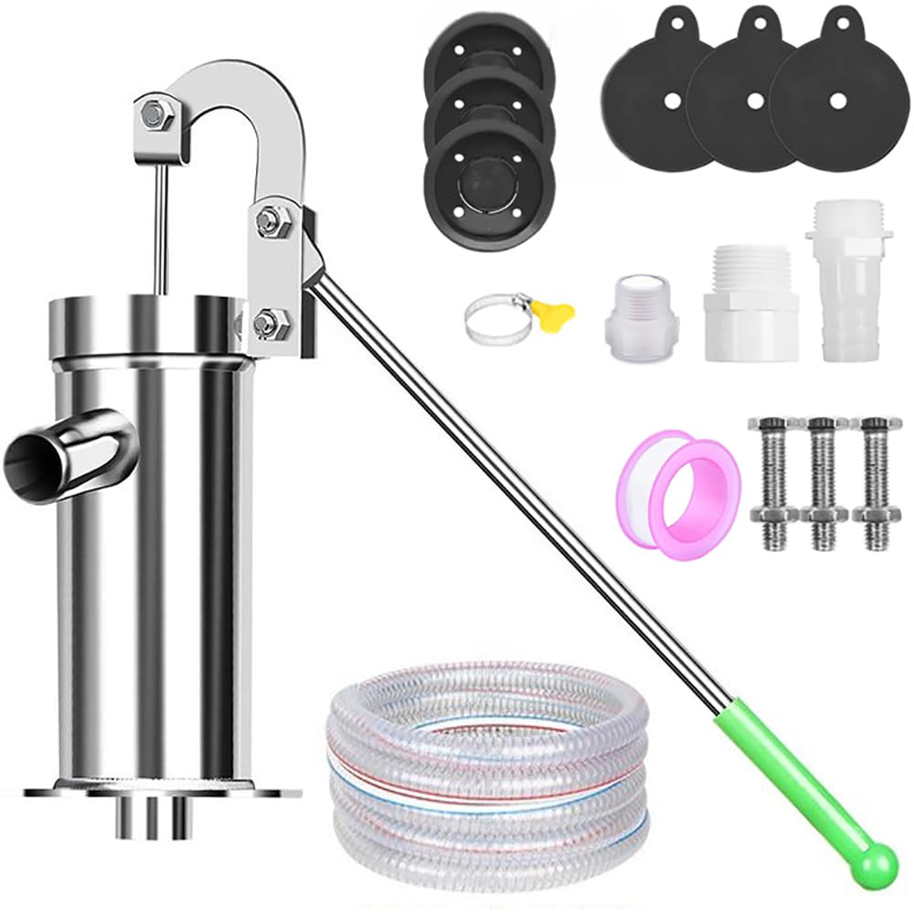 Pompa del Pozzo Manuale,Pompa a Mano in Acciaio Inox,Pompa Manuale per Pozzi Profondi, Il set comprende sette accessori essenziali e un tubo flessibile lungo 5 metri per Casa,Cortile,Giardino,Fattoria
