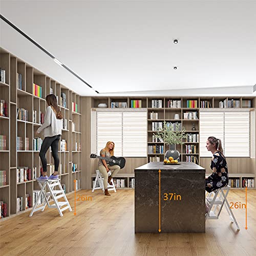 Kingbo Step Stool For Adults/Step Ladder/Counter Chair, 3-Step Folding Portable Wooden Step Stool, Anti-Slip & Lightweight (White) #TOP2