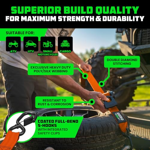 Image of Rhino USA Retractable Ratchet Straps (2-Pack) - 2 Inch x 10 Feet (3,033lb Break Strength) - Heavy Duty Auto Self Retracting Tie Down Straps for Truck, Cargo Trailer, Motorcycle, Rad & More - Orange