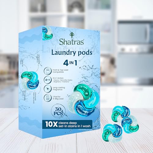Image of Shatras Premium Laundry Detergent Pods | Bio-Enzyme Stain Remover | Quick Dissolve | Deep Clean & Fabric Care | For Top & Front Load Machines | Pack of 30