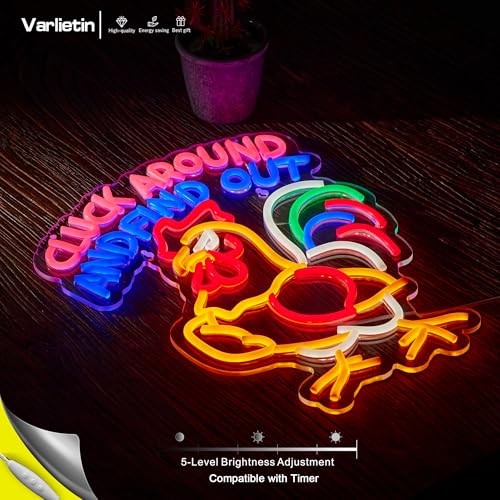 Image of Funny Chicken Looking Around Neon Sign with inchCLUCK AROUND AND FIND OUT inch for Wall Decor,Rooster LED Sign for Home Farmhouse Kitchen Garden Man Cave Gift