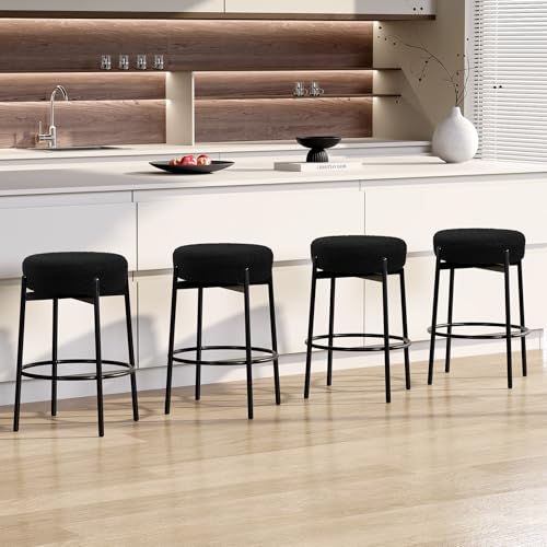 Image of VINGLI Swivel Round Barstools 24" H Set of 4, Teddy Wool Upholstered Barstool, Sherpa Backless Kitchen Island Stool, Counter Height Stools, Black