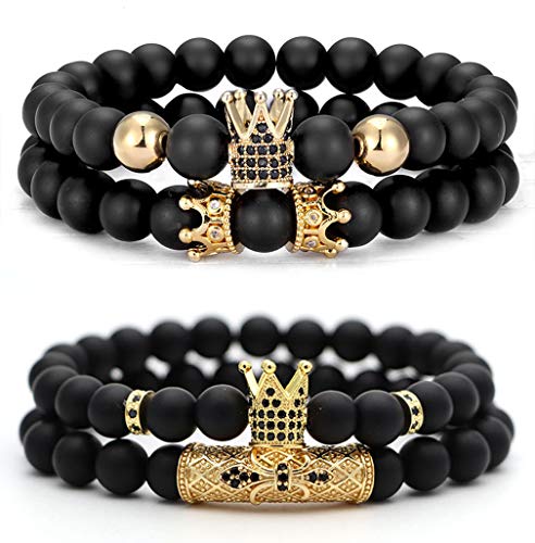Jewdreamer 4PCS 8mm Crown King Charm Beads Bracelet for Men Women Natural Black Matte Onyx Stone Beads Bracelets Adjustable