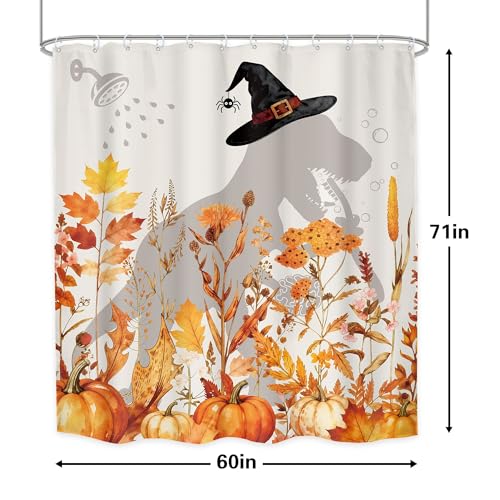 Image of Pumpkin Dinosaur Shower Curtain Bathroom Set 60Wx71H Inches Autumn Fall Funny for Kids Cute Dino Adorable Orange Leaves Bath Accessories Botanical Plant Art Home Decor Fabric 12 Pack Hooks