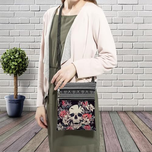 Floral Skull Messenger Bag Small Ethnic Pattern Printed Adjustable Strap Crossbody Zipper Pouch Floral Skull Phone Organizer Wallet Cute Shoulder Handbag for Women3