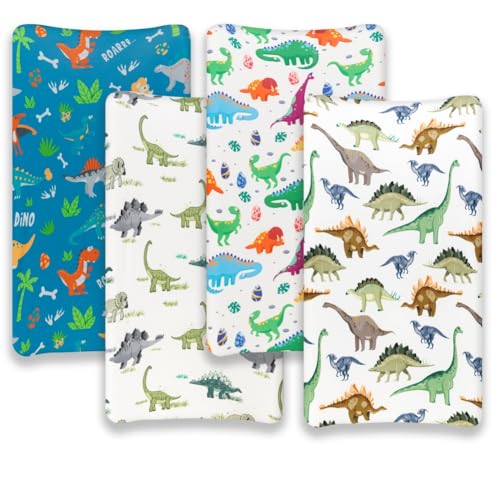 4 Pack Baby Boy Changing Pad Covers Sheets Set Soft Fitted Baby Boy Mattress Covers Construction Truck or Dinosaur Theme Breathable Toddler Sheets for Infant Boys (Dinosaur, Changing Pad Covers)