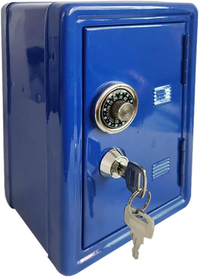 SHINEOFI Mini Metal Piggy Bank Money Saving Box Safe with Lock Creative Iron Storage Box for Kids and Adults, Desktop Cash Coin Organizer for Home Office, 7 Inch Blue