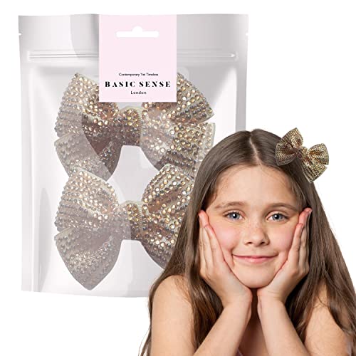 BasicSense 2 Pieces Rhinestone Bow Hair Clips Diamante Ribbon Crocodile Alligator for Girls Gold, 1 count (Pack of 2)