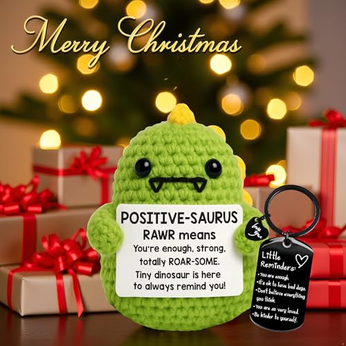 Image of Birthday Gift for Friend Women Dinosaurs Emotional Support Crochet Dino with Motivational Keychain - Positive Crochet Animals & Emotional Support - Cute Crochet Animals, Mini Dinosaur Figures
