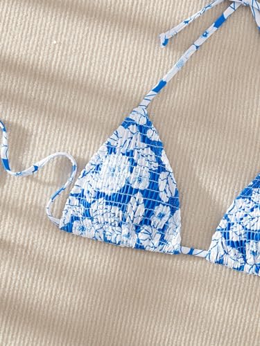 SHENHE Women's Triangle Halter Bikini Top Floral Tie Back Smocked Cute Swimsuit Top4