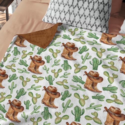 Image of Western Baby Blanket with Cactus, Cowboy Minky Blankets for Boys Girls, Double Layer Dotted Backing, Nursery Room Decor, Soft Warm Lightweight Nursery Bed Blanket for Newborn Toddlers Son Daughter