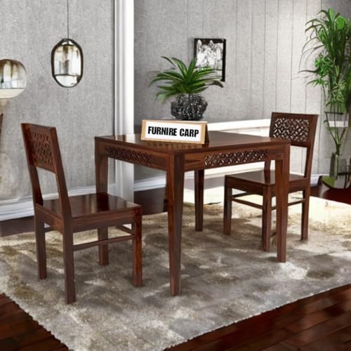 Image of Solid Sheesham Wood 2 Seater Dining Table Set with Cushioned Chairs for Dining Room | Living Room | Home & Office | Hotels Restaurant & Cafe (2 Seater, Walnut Finish A)