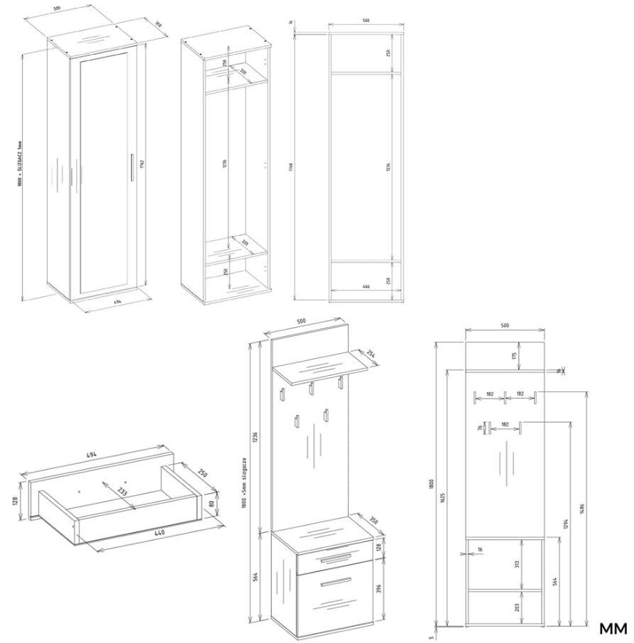 BDW Set di 5 appendiabiti con specchio, armadio con anta e cassetto, stile moderno, 180 x 100 x 35 cm (rovere Sonoma)