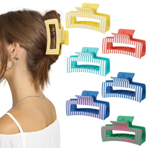 6 Pack 3.35 Inch Medium Striped Hair Claw Clips, Square Jaw Clips for Women